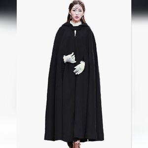 Women’s Black Hooded Full-Length Cape Coat Wool Blend